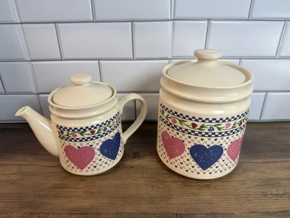 Vintage 1986 Hearts Delight Tea Pot & Canister Set